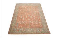 8x10 Orange, Sage, Gold Color Hand Knotted Distressed Wool Traditional Oriental Rug