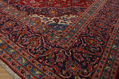 9x13 Red, Indigo, Ivory Color Hand Knotted Kashan Wool Traditional Oriental Rug