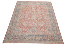 8x10 Coral, Beige, Gold Color Hand Knotted Distressed Wool Traditional Oriental Rug
