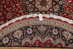 Round Red, Navy, Ivory Color Hand Knotted Tabriz Wool Traditional Oriental Rug