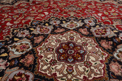 Round Red, Navy, Ivory Color Hand Knotted Tabriz Wool Traditional Oriental Rug