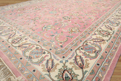 8x10 Dusty Rose, Ivory, Aqua Color Hand Knotted Indo Kashan Wool Traditional Oriental Rug