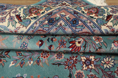 8x10 Turquoise, Ivory, Red Color Hand Knotted Indo Sarouk New Zealand Wool Traditional Oriental Rug