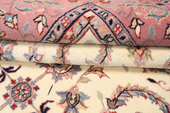 8x10 Ivory, Dusty Rose, Sage Color Hand Knotted Indo Kashan Wool Traditional Oriental Rug