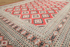 8x11 Coral, Ivory, Charcoal Color Hand Knotted Bokhara Wool Traditional Oriental Rug