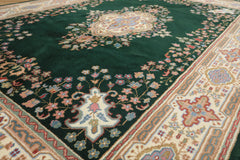 6x9 Green, Ivory, Rose Color Hand Knotted Indo Kerman Wool Traditional Oriental Rug