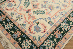6x9 Ivory, Green, Peach Color Hand Knotted Indo Heriz Wool Traditional Oriental Rug