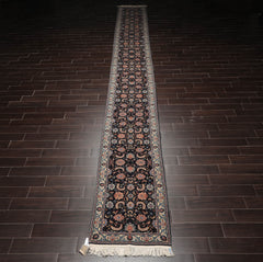Runner Midnight Blue, Cream, Apricot Color Hand Knotted All-Over 100% Wool Traditional Oriental Rug