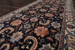 Runner Midnight Blue, Cream, Apricot Color Hand Knotted All-Over 100% Wool Traditional Oriental Rug
