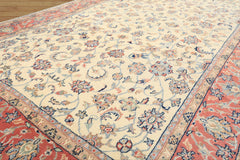 6x9 Ivory, Rose, Blue Color Hand Knotted Indo Kashan Wool Traditional Oriental Rug