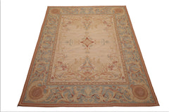 8x10 Beige, Slate, Rose Color Hand Woven French Aubusson Needlepoint Wool Traditional Oriental Rug