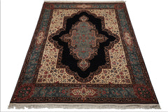 8x10 Midnight Blue, Ivory, Teal Color Hand Knotted Pak Persian Kerman Wool Traditional Oriental Rug