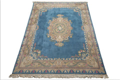 8x10 Baby Blue, Beige, Rose Color Hand Knotted French Aubusson Savonnerie Wool Traditional Oriental Rug
