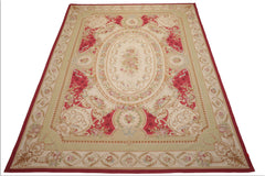 9x12 Crimson, Ivory, Mint Color Hand Woven French Aubusson Flatweave Wool Traditional Oriental Rug