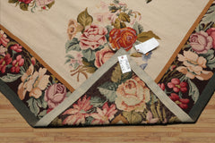 9x12 Ivory, Chocolate, Green Color Hand Woven French Aubusson Needlepoint Wool Traditional Oriental Rug