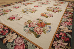 9x12 Ivory, Chocolate, Green Color Hand Woven French Aubusson Needlepoint Wool Traditional Oriental Rug