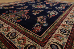 8x10 Navy, Ivory, Green Color Hand Knotted Sarouk New Zealand Wool Traditional Oriental Rug