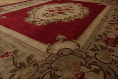 8x10 Crimson, Green, Tan Color Hand Knotted French Aubusson Savonnerie Wool Traditional Oriental Rug