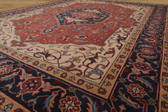 9x12 Salmon, Navy, Tan Color Hand Knotted Heriz Wool Traditional Oriental Rug