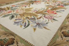 8x10 Ivory, Green, Gold Color Hand Woven French Aubusson Needlepoint  Wool Traditional Oriental Rug