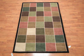 5x7 Black, Beige, Green Color Hand Knotted Checked 100% Wool Modern Oriental Rug