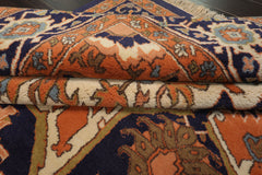 9x12 Muted Orange, Ivory, Navy Color Hand Knotted Heriz Wool Traditional Oriental Rug