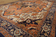 9x12 Muted Orange, Ivory, Navy Color Hand Knotted Heriz Wool Traditional Oriental Rug