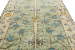 Runner Mint, Ivory, Gold Color Hand Knotted Oushak Wool Traditional Oriental Rug