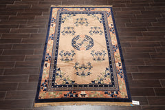 5x7 Beige, Peach, Navy Color Hand Knotted All-Over 100% Wool Traditional Oriental Rug