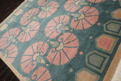 8x10 Turquoise, Rose, Beige Color Hand Knotted Tibetan Wool Transitional Oriental Rug