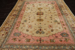 9x12 Ivory, Rose, Aqua Color Hand Knotted Oushak New Zealand Wool Traditional Oriental Rug