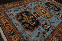 8x10 Blue, Gold, Chocolate Color Hand Knotted Kazak Wool Traditional Oriental Rug