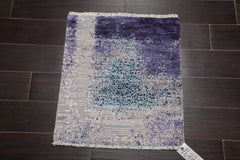 Square Gray, Purple, Ivory Color Hand Knotted All-Over Wool & Silk Modern Oriental Rug
