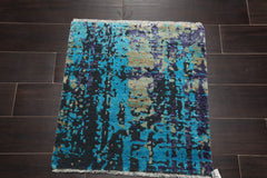 Square Turquoise, Gray, Purple Color Hand Knotted All-Over Wool & Silk Modern Oriental Rug