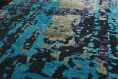 Square Turquoise, Gray, Purple Color Hand Knotted All-Over Wool & Silk Modern Oriental Rug