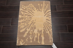 2x3 Tone on Tone Beige, , Color Hand Knotted All-Over Wool & Silk Modern Oriental Rug