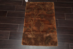 2x3 Brown, Green, Color Hand Knotted All-Over Wool & Silk Transitional Oriental Rug