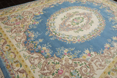 9x12 Blue, Ivory, Gold Color Hand Knotted French Aubusson Savonnerie New Zealand Wool Traditional Oriental Rug
