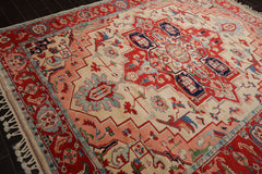 8x10 Ivory, Burnt Orange, Navy Color Hand Knotted Serapi New Zealand Wool Traditional Oriental Rug