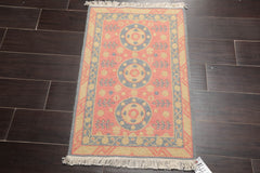 2x3 Rose, Blue, Gold Color Hand Knotted All-Over 100% Wool Transitional Oriental Rug