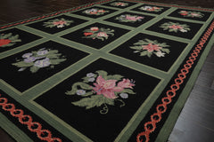 6x9 Black, Green, Rose Color Hand Woven Portugese Needlepoint Wool Traditional Oriental Rug
