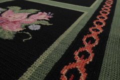 6x9 Black, Green, Rose Color Hand Woven Portugese Needlepoint Wool Traditional Oriental Rug