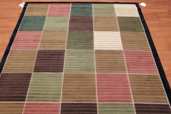 5x7 Black, Chocolate, Green Color Hand Knotted Checked 100% Wool Traditional Oriental Rug
