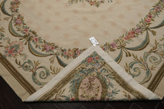 8x11 Ivory, Green, Aqua Color Hand Woven Aubusson Needlepoint Wool Traditional Oriental Rug