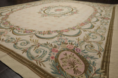 8x11 Ivory, Green, Aqua Color Hand Woven Aubusson Needlepoint Wool Traditional Oriental Rug