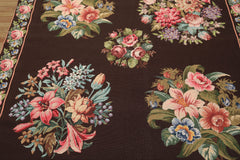 6x9 Chocolate, Pink, Green Color Hand Woven Aubusson Needlepoint Wool Traditional Oriental Rug