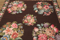 6x9 Chocolate, Pink, Green Color Hand Woven Aubusson Needlepoint Wool Traditional Oriental Rug