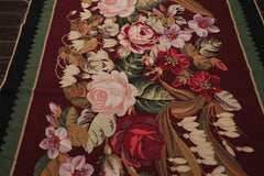 6x9 Plum, Green, Black Color Hand Woven Aubusson Needlepoint Wool Traditional Oriental Rug