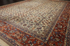 10x14 Ivory, Burnt Orange, Blue Color Hand Knotted Herati Wool Traditional Oriental Rug