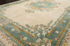 6x9 Ivory, Turquoise, Gold Color Hand Knotted French Aubusson Savonnerie Wool Traditional Oriental Rug